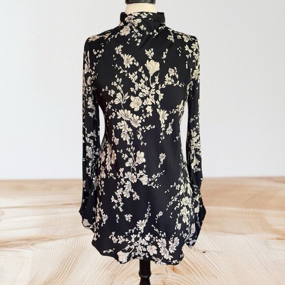 Free People Black Aries Floral Dress Sz S Open Back High Neck Mini Dress Tunic - Picture 1 of 14